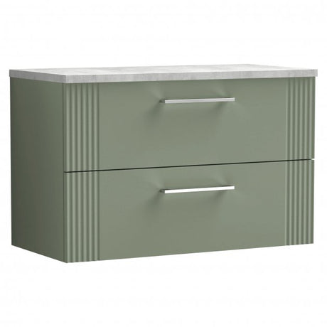 Nuie Deco 800mm Wide Wall Hung 2-Drawer Vanity Unit with Bellato Grey Worktop - Satin Green - DPF895LBG