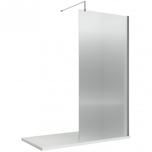 Nuie Fluted Wet Room Screen 1850mm High x 900mm Wide with Support Bar 8mm Glass - Polished Chrome - WRFL18590