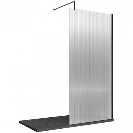 Nuie Fluted Wet Room Screen 1850mm High x 900mm Wide with Support Bar 8mm Glass - Matt Black - WRFL18590BP