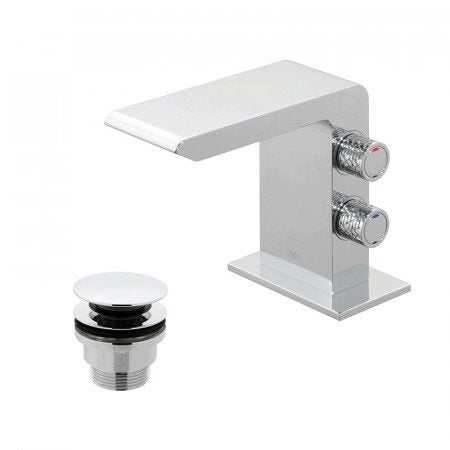 Vado Omika Mini Mono Basin mixer tap in chrome with universal waste and dual lever controls for modern bathrooms
