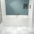 Nuie Otley White contemporary round double-ended bath 1700x750 in modern bathroom setting with blue tiled wall and white floor tiles