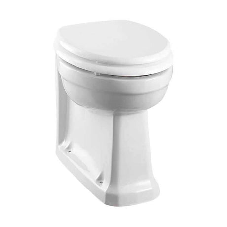 Burlington White Rimless Back To Wall WC Pan with sleek rimless design and white gloss finish for compact bathrooms
