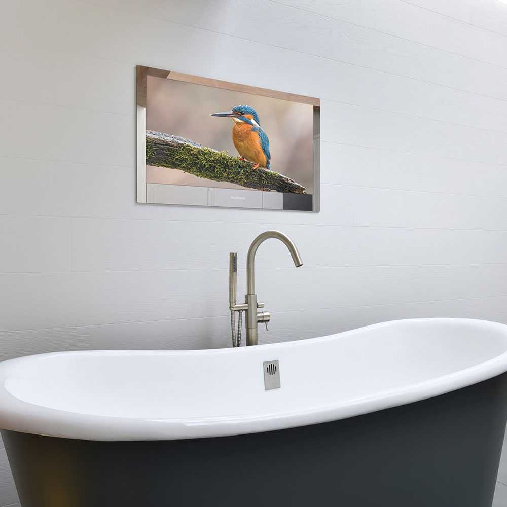 ProofVision 32" Premium waterproof bathroom TV with mirror finish mounted above bathtub in modern bathroom