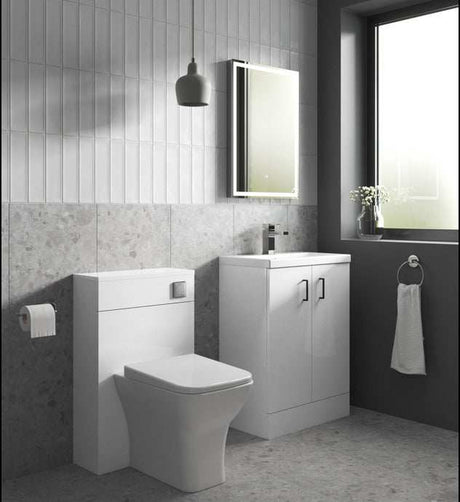 Nuie Arno 2-door floor standing vanity unit with gloss white finish and polymarble basin in modern bathroom setting