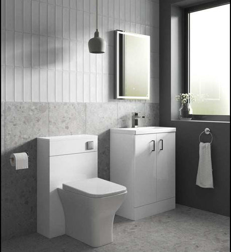 Nuie Arno 2-Door Floor Standing Vanity Unit in gloss white with polymarble basin in modern bathroom setting