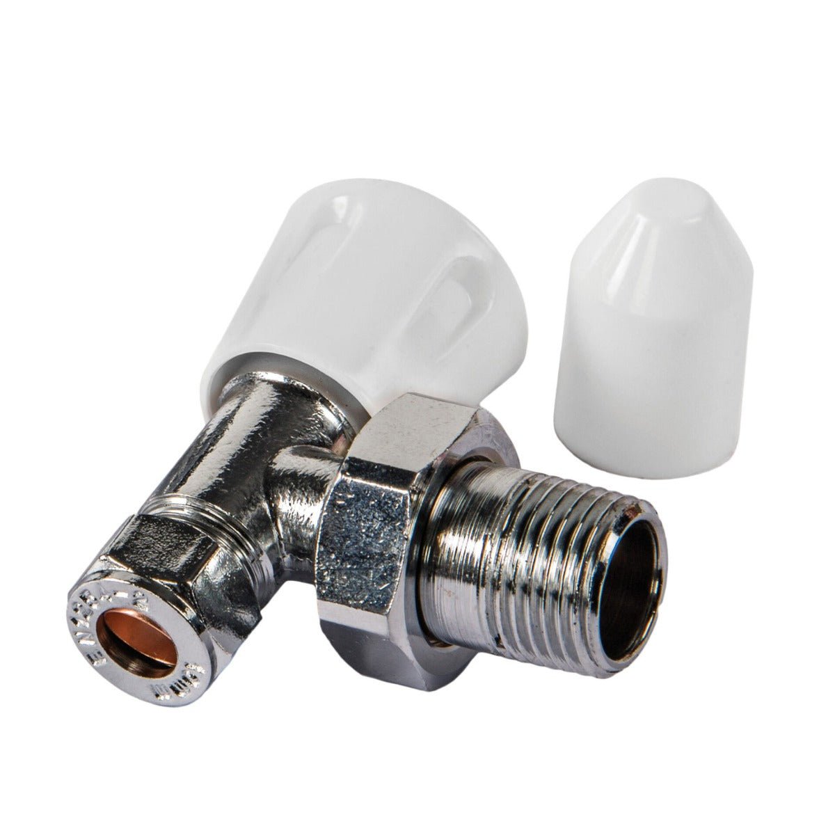 Kartell Galaxy Angled Lockshield Valve with Drain - Off 15mm - White/Chrome - LSDOGA15 - TAP 'N' SHOWER