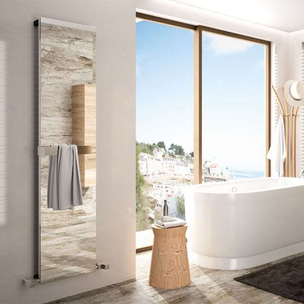 Radox Quartz Coloured Glass vertical designer radiator 1200mm x 420mm in modern bathroom setting