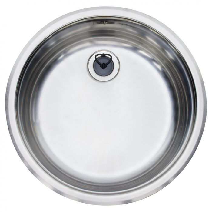 Reginox Stainless Steel single round bowl kitchen sink with polished finish and integrated waste system