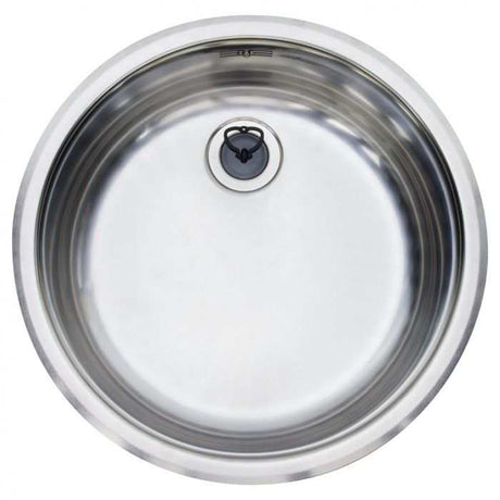 Reginox Stainless Steel single round bowl kitchen sink with polished finish and integrated waste system