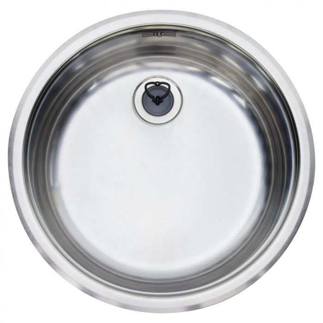 Reginox Stainless Steel single round bowl kitchen sink with polished finish and integrated waste system