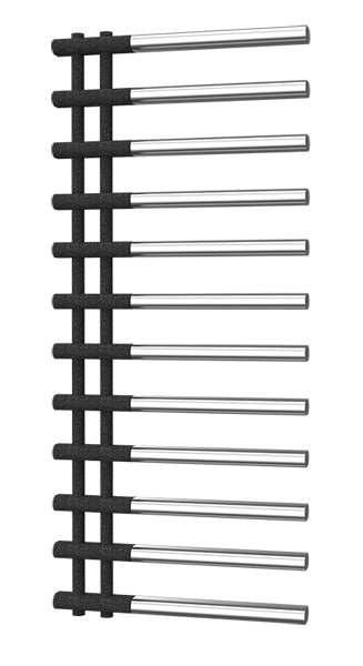 Radox Linx 1150mm H x 500mm W chrome and black pearl designer heated towel rail with contemporary horizontal bars