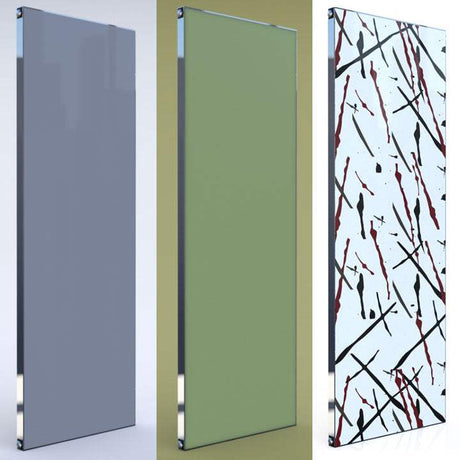 Set of three Radox Quartz Coloured Glass designer vertical radiators in grey, green, and abstract pattern, 1500mm by 560mm