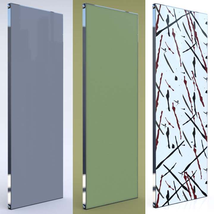 Radox Quartz Coloured Glass vertical designer radiators in grey, green, and abstract pattern finish
