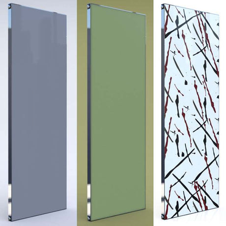 Radox Quartz Coloured Glass vertical designer radiators in grey, green, and abstract pattern finish