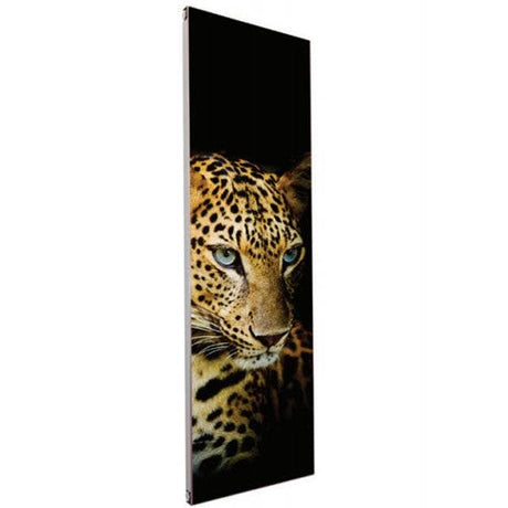 Radox Quartz Bespoke Glass vertical designer radiator with leopard print and sleek black background, 1500mm high by 420mm wide.