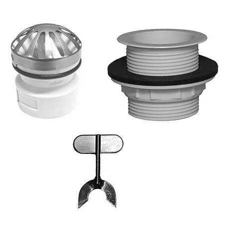 Components of RAK Waterless Urinal System RAKGW15 including filter, drain fitting, and installation tool for waterless urinals