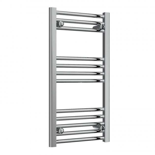 Reina Capo Modern vertical heated towel rail in chrome, 800mm high x 400mm wide, sleek and energy-efficient design