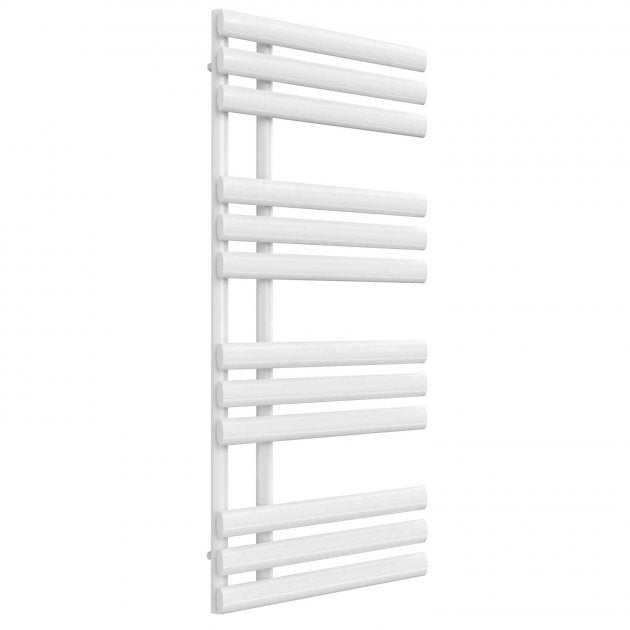 Reina Chisa Modern Designer white straight heated towel rail, 1130mm high x 500mm wide, sleek steel construction.