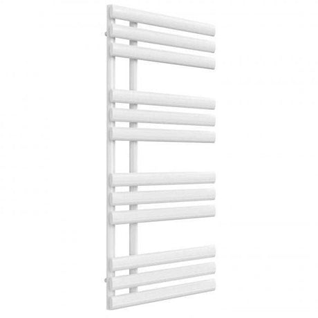 Reina Chisa Modern Designer white straight heated towel rail, 1130mm high x 500mm wide, sleek steel construction.