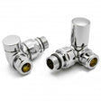 Pair of Reina Crova manual corner radiator valves in chrome with threaded inlets and outlets for secure installation