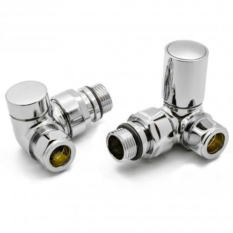 Pair of Reina Crova manual corner radiator valves in chrome with threaded inlets and outlets for secure installation