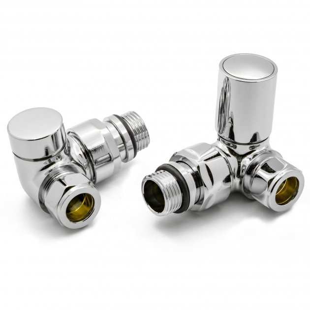 Pair of Reina Crova manual corner radiator valves in chrome with threaded inlets and outlets for secure installation