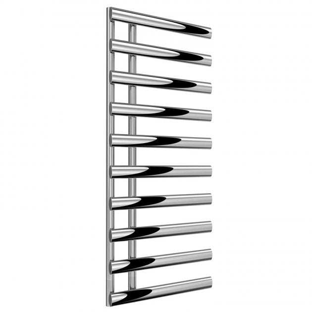 Reina Grace Modern Designer heated towel rail in chrome, 1140mm high by 500mm wide, handcrafted steel with sleek horizontal bars for drying towels.