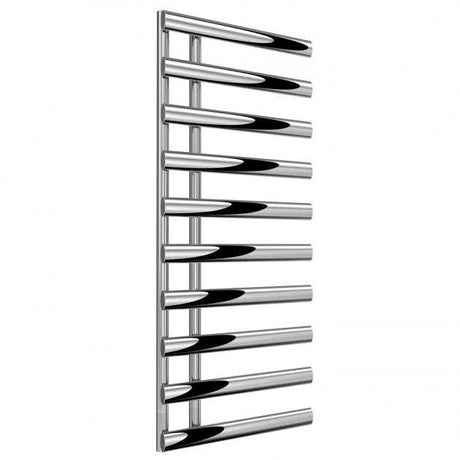 Reina Grace Modern Designer heated towel rail in chrome, 1140mm high by 500mm wide, handcrafted steel with sleek horizontal bars for drying towels.