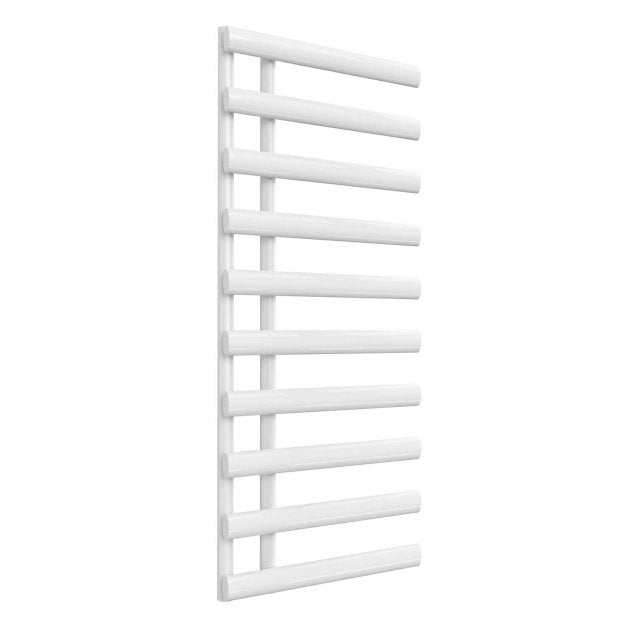 Reina Grace Modern Designer Heated Towel Rail in white with horizontal bars, 1140mm high x 500mm wide, energy-efficient bathroom accessory