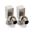 Pair of brushed Reina Loge angled radiator valves for modern bathroom radiators
