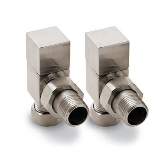 Pair of brushed Reina Loge angled radiator valves for modern bathroom radiators