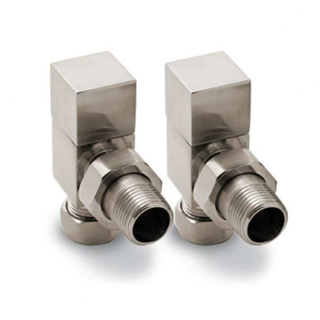 Pair of brushed Reina Loge angled radiator valves for modern bathroom radiators