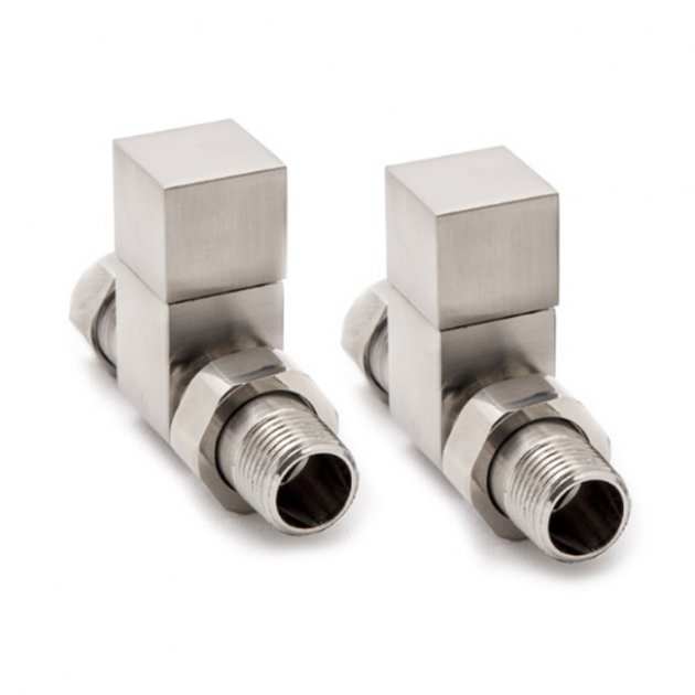 Pair of Reina Loge Straight Radiator Valves in brushed finish for modern bathrooms