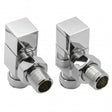 Pair of Reina Loge angled radiator valves in chrome with threaded inlets and outlets for heating systems