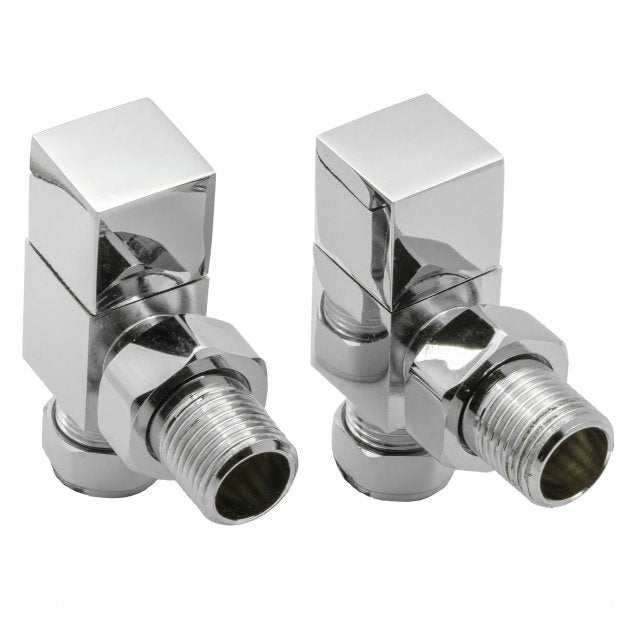 Pair of Reina Loge angled radiator valves in chrome with threaded inlets and outlets for heating systems