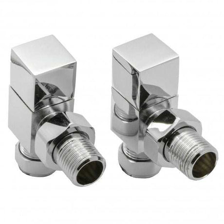 Pair of Reina Loge angled radiator valves in chrome with threaded inlets and outlets for heating systems