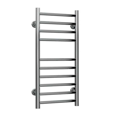 Reina Luna polished stainless steel heated towel rail with straight bars, 720mm high and 350mm wide, for warm and dry towels in bathrooms