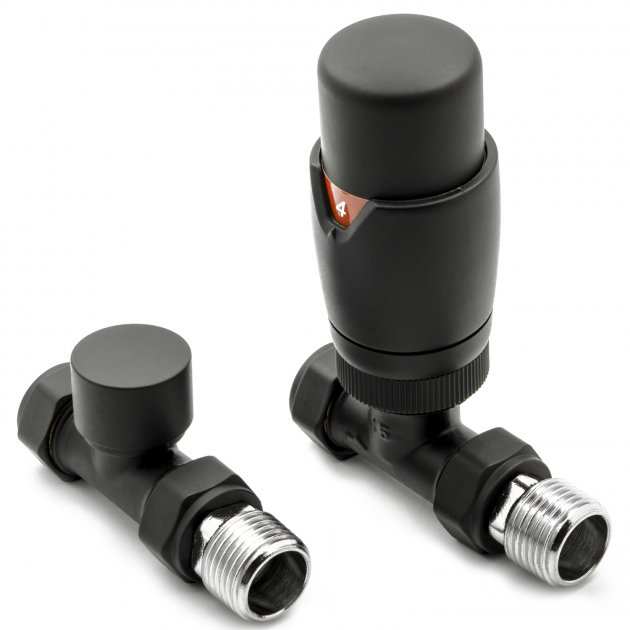 Reina Modal Modern TRV black straight radiator valve and lockshield set with durable metal finish