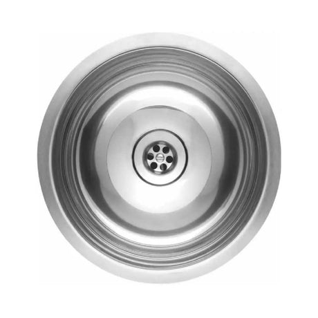 Reginox Stainless Steel Rio commercial round sink without overflow with strainer waste and smooth finish.