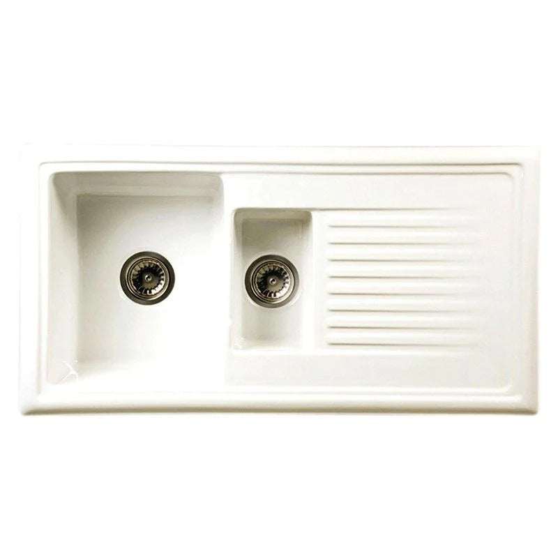 Reginox 1.5 bowl white ceramic kitchen sink with waste and drainer, inset installation