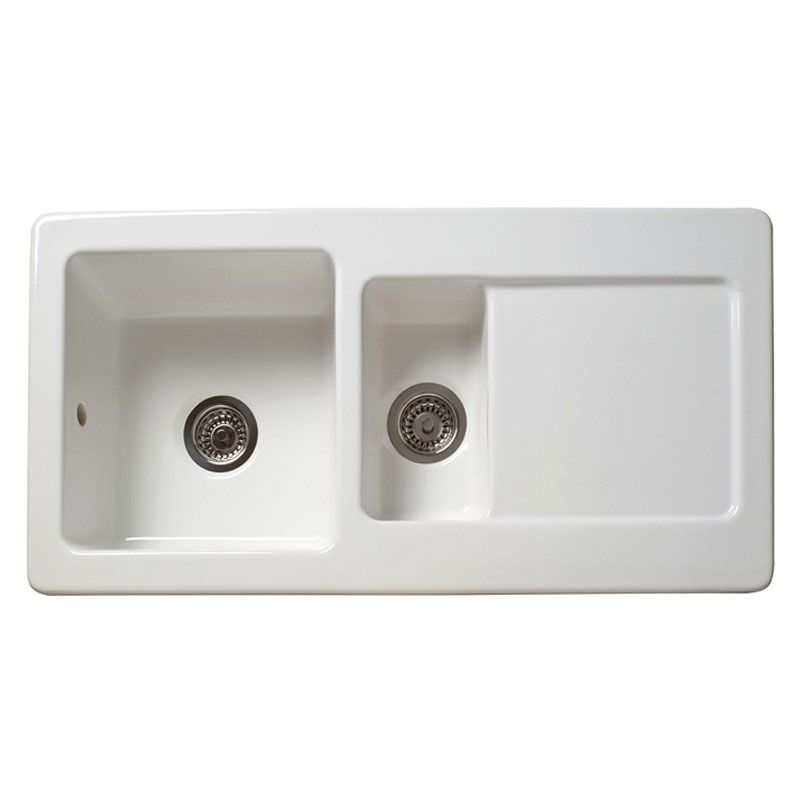 White Reginox 1.5 bowl fireclay kitchen sink with double bowls and draining area