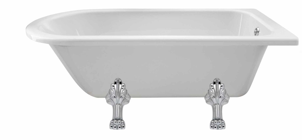 Hudson Reed Winterburn white rectangular single-ended freestanding bath with chrome pride clawfoot legs, 1500mm x 750mm.