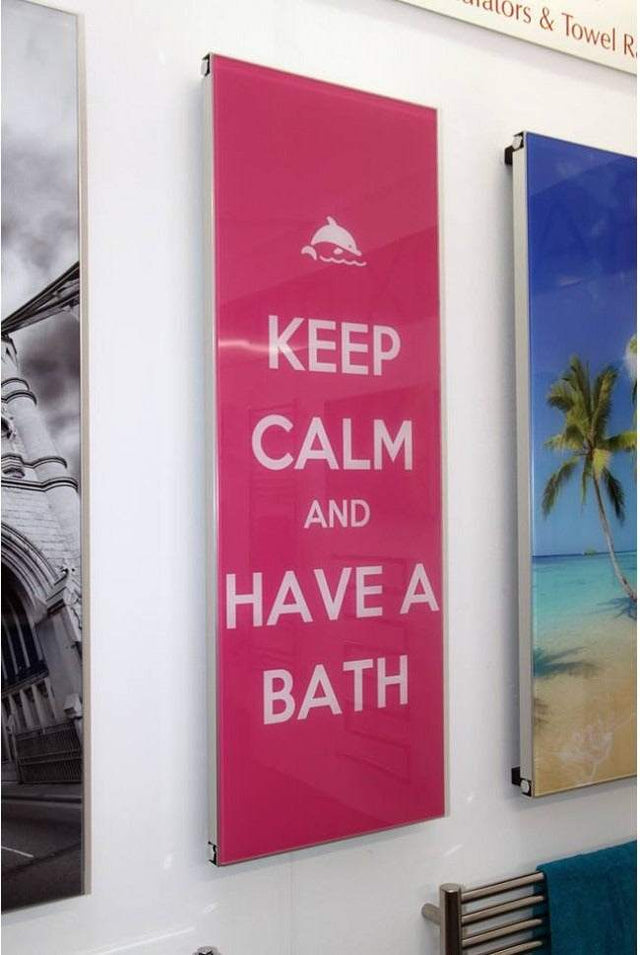 Radox Quartz Bespoke Glass vertical designer radiator in pink with "Keep Calm and Have a Bath" text