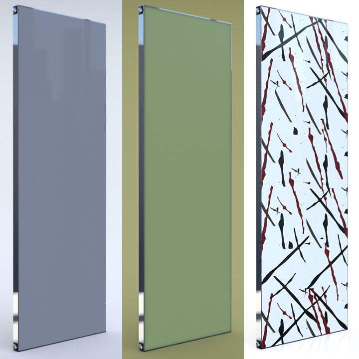 Radox Quartz Coloured Glass vertical designer radiators in grey, green, and abstract pattern designs
