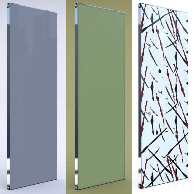 Radox Quartz Coloured Glass vertical designer radiators in grey, green, and abstract pattern designs