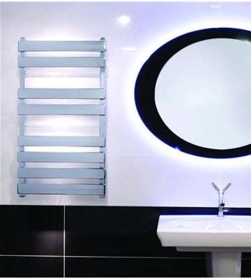 Radox Torro 900mm H anthracite designer heated towel rail mounted in modern bathroom above white sink and next to round mirror