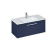 Britton Shoreditch wall hung matt blue vanity unit with single drawer and white basin
