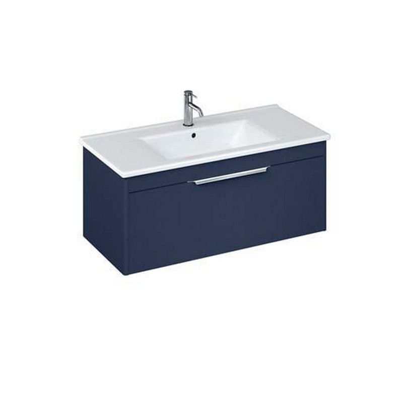 Britton Shoreditch wall hung matt blue vanity unit with single drawer and white basin