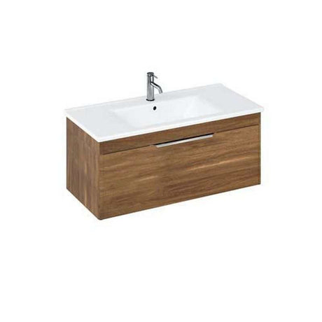 Britton Shoreditch wall hung caramel vanity unit with drawer and white basin, 970 x 400 x 435mm