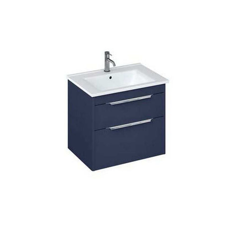 Britton Shoreditch wall hung matt blue vanity unit with two drawers and chrome handles